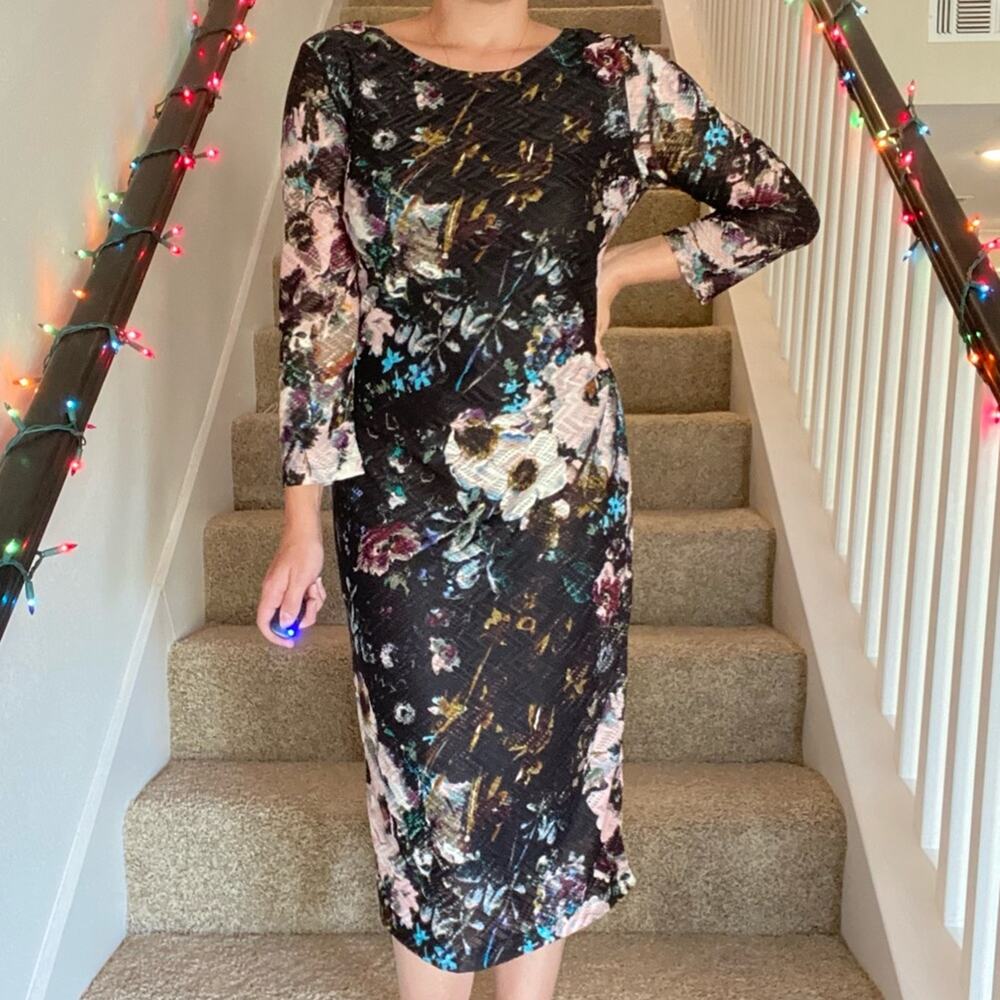 ECI NEW YORK Floral Midi Sheath Cocktail Dress Size Medium Multicolor Classy
